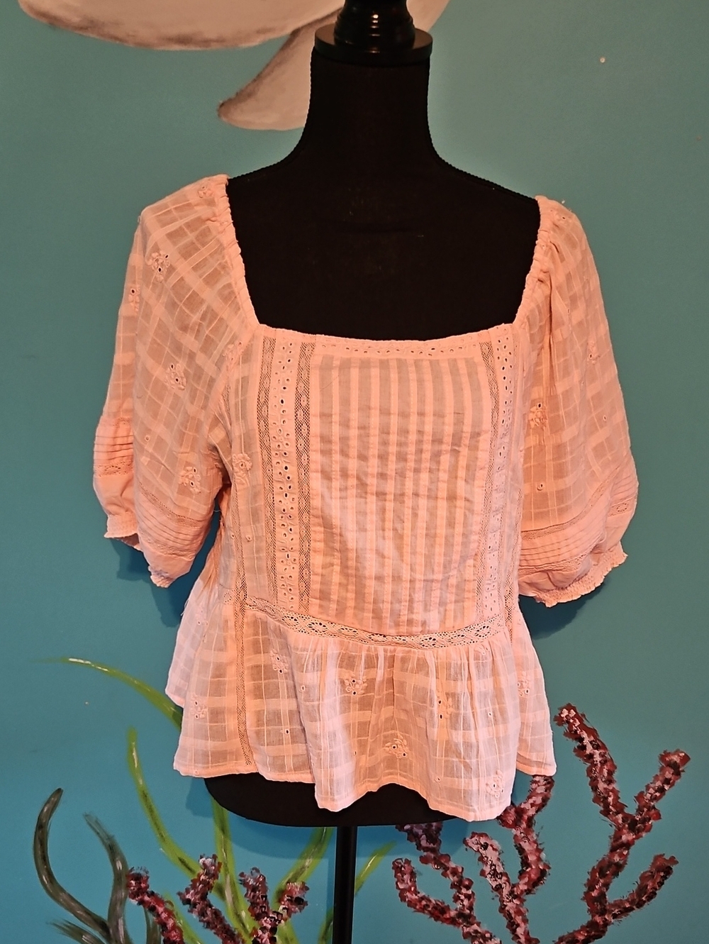 Jennifer &Grace Square-Neck Peplum Eyelet Tunic - Light Peach